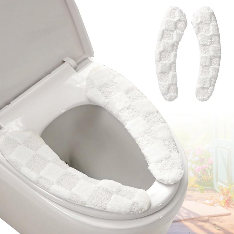 Iensen Thick and Warm Plush Toilet Seat Cover – Washable, Reusable Cushion with TPR Adhesive & Checkered Pattern for Comfort & Insulation (White) - Image 1